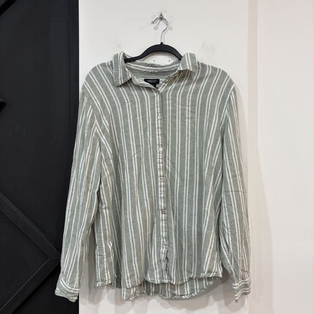 Jones & Co Women’s Green Striped Linen Blend Button Up Shirt Size XL